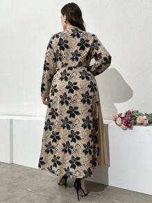 Modelyn Plus Size Women's Spring Summer Floral Printed Overlapping V-Neck Long Sleeved Ruffled Hem Dress Maxi Women Outfit Long Evening Dresses Fall Cloth For Women