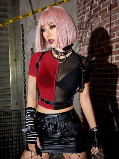 Camiseta corta de ajuste ceñido para mujer, con cuello redondo, mangas cortas, paneles de malla y bloques de color, para la escuela