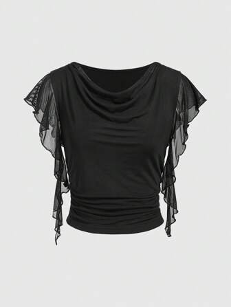 T-shirt d'été en maille en couleur unie pour femme avec épaules dénudées et volants