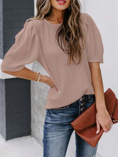 Women's Solid Short Sleeve Blouse Summer Crew Neck Casual Tops Fashion Puffed Sleeve Shirt