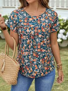 EMERY ROSE Women's Floral Print Round Neck Short Sleeve Casual Blouse