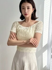 FRIFUL Maglietta estiva a maniche corte con scollo a barca in pizzo a tinta unita per donne