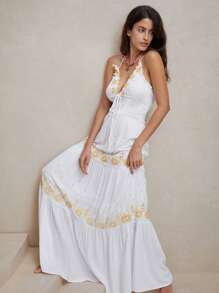 Anewsta Váy nghỉ dưỡng dài đến sàn có cổ chữ V thêu eo. - Màu be - Xem 7