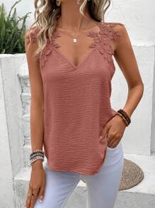 SHEIN Frenchy Sleeveless Lace Patchwork Top With Textured Fabric,Women Tank Tops,Summer Tops,Summer Women Tops - Coral Pink - View 3