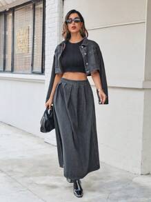 SHEIN Essnce 女式春夏季長款休閒牛仔裙，側邊開叉和褶紋細節設計 - 灰色 - 查看 5