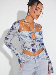 Hauture Brush Print Tie Strap Bustier Top - Black and White - View 3