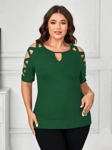 SHEIN Clasi 大码女式夏季纯色修身 T 恤，镂空肩部和锁孔领口 - 墨綠色 - 查看 5