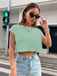 SHEIN Unity Women Solid Color Simple Round Neck Short T-Shirt Top - Mint Green - View 3
