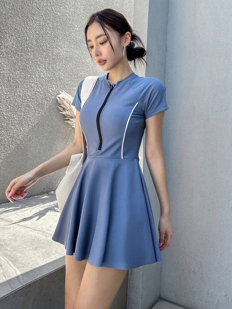 Ladies Vacation Zipper Half-Placket Cutout Shoulder Short Sleeve Leisure One-Piece Swimsuit Summer,Beach Women Outfits