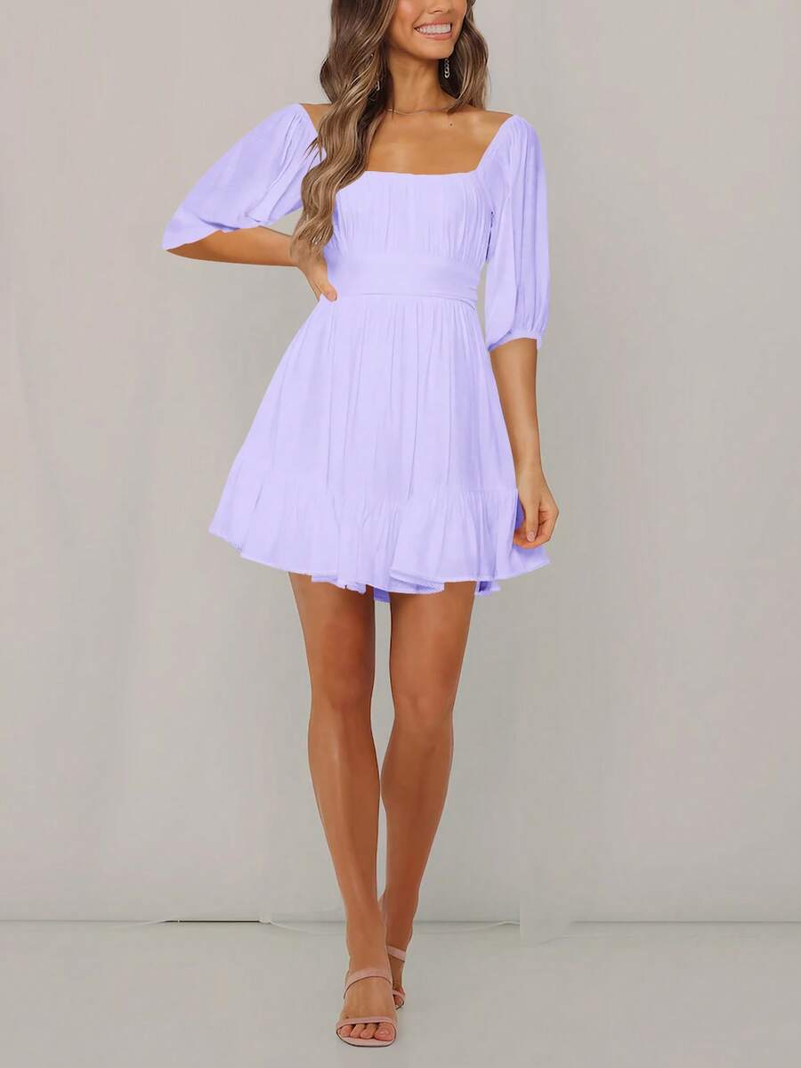 Solid Color Square Neckline Puff Sleeve Waist-Tied Dress, Summer - Mauve Purple - View 1