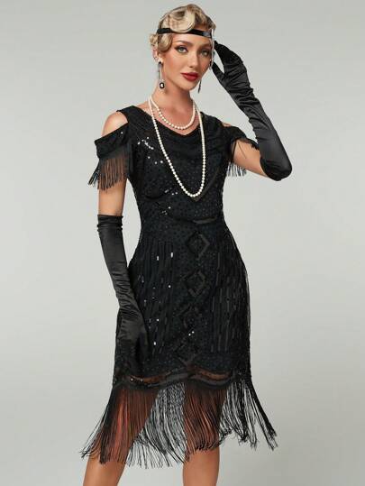 Women's Splice Fringe Off Shoulder Short Sleeve 1920s Vintage Sequin Party Dress Elegant Cocktail Semi Formal Prom Wedding Guest Dress, For Birthday, Graduation, Dinner, Homecoming