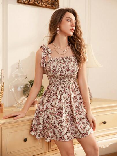 Aveloria Rosie Vestido sin mangas con tirantes de lazo estilo romántico floral menudo al estilo francés para vacaciones