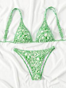 Swim Mod Summer Beach Women Green Simple Plants Printed Bikini Set - Green - View 5
