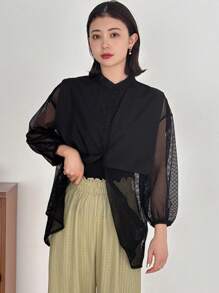 FRIFUL 女式休闲长袖衬衫，正面纽扣，网布拼接，透视 - 黑色 - 查看 5