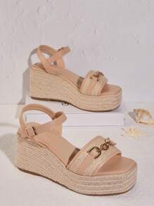 SHUZIA Ladies Metal Chain Decorated Wedge Heel Platform Sandals, Suitable For Daily Wear And Traveling - Beige - View 2