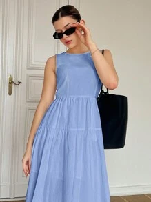 SHEIN Essnce Damen Sommer Schicht Ärmellos A-Linie Plissee Rundhals Flare Midi Kleid mit Taillenlinie