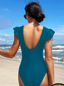 SHEIN Swim Women\  Flower Embroidery Deep V-Neck One-Piece Swimsuit, Suitable For Summer, Beach, Pool, Vacation - Teal Blue - View 2