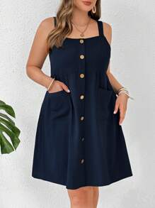 SHEIN LUNE Mujeres Vestido de peto de talla grande con botones de madera decorativos y bolsillo