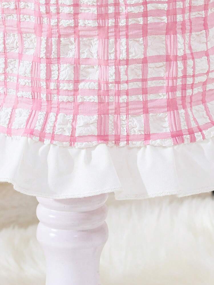 Young Girl Ladylike Bubble Gingham Cloth Top With European Jacquard Ruffle Trim And Flip Detail Skirt Set, Suitable For Parties In Summer