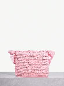 SHEIN SXY Fashionable Simple Pink Straw Woven Tassel Clutch Bag For Women. Suitable For Ladies, Women, Beach, Vacation, Holiday And Summer. - Baby Pink - View 5