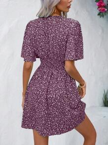 SHEIN LUNE Summer Ditsy Floraled V-Neck Dress With Cinched Waist And Ruffled Sleeves Burgundy Color Women Outfit
