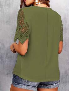 Plus Size Women Fashionable Versatile Summer Lace Panel T-Shirt Casual - Green - View 4