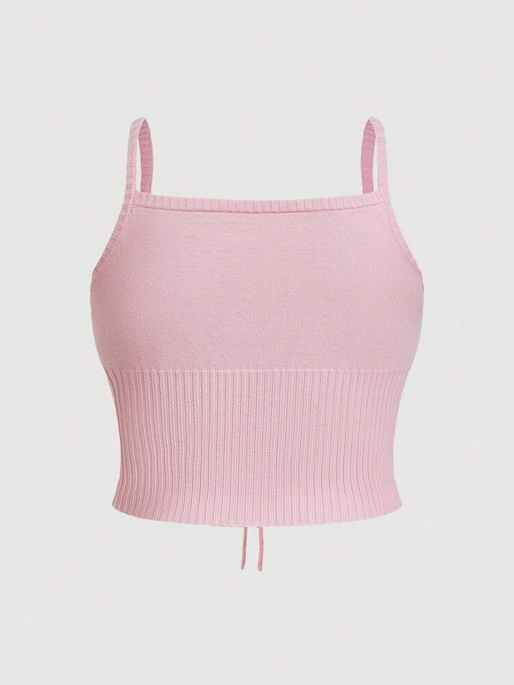 Casual Pink Simple Plus Size Knitted Camisole Top