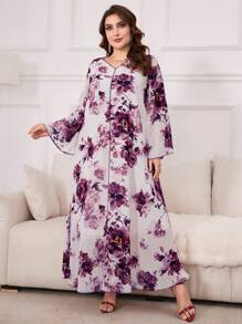 Al Najma Plus Size Women Fashionable Printed Long Sleeve Arabian Modest Dress, Kaftan