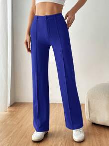 SHEIN EZwear 女式纯色牙签直筒西装裤 - 藍色 - 查看 4