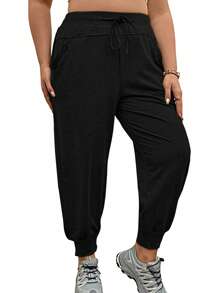 SHEIN LUNE 大尺碼純色束口運動褲 - 黑色 - 查看 3