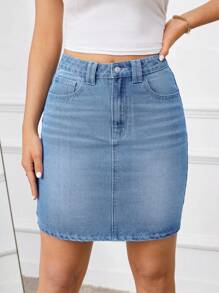 SHEIN Tall High-Waisted Denim Skirt With Belt, Pockets And Buttons