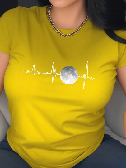 Maweii Plus Size Women's Summer Casual Short Sleeve Moon Print T-Shirt With Round Neck Graphic Tees Women Tops
