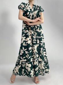 Mulvari Women's Floral Printed Notched Neckline Dress