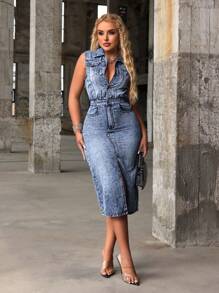 SHEIN SXY Vestido de mezclilla de mujer sin mangas con media tapeta abotonada, dobladillo alto-bajo y abertura lateral para el verano
