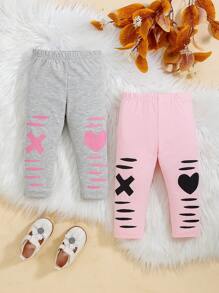 SHEIN Baby Girl 2pcs/Set Love Pattern Printed Bottoms For Casual, Street, Outing In Spring And Summer - Multicolor - View 1
