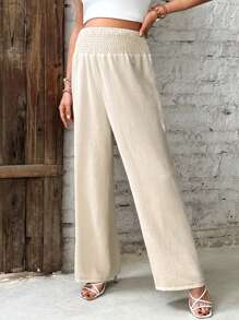 SHEIN Maternity Solid Color Drawstring Wide Leg Loose Casual Straight Pants - Apricot - View 4