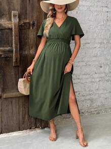 SHEIN Solid Color Simple V-Neck Maternity Dress - Army Green - View 5