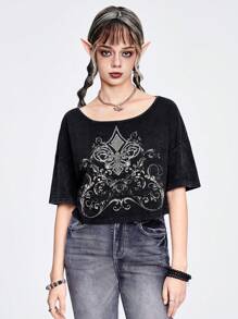 ROMWE Fairycore Women's Loose Cropped Snow Wash T-Shirt With Vintage Lily, Thorn And Rhinestone Embellishments
