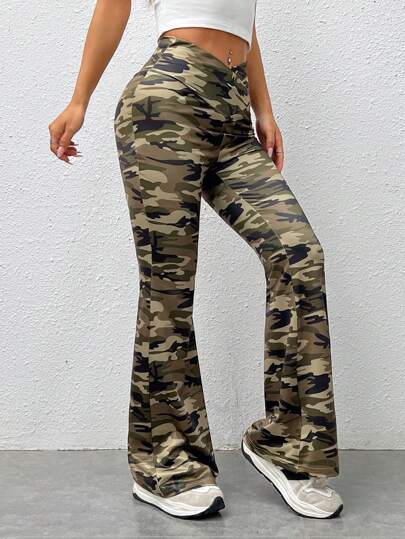 SHEIN EZwear Overlap Waist  Striped Tape Side Flare Leg Pants