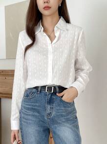 DAZY Áo kiểu công sở đơn giản màu trơn họa tiết dài tay rộng rãi cổ bẻ cho nữ, áo dài tay mùa hè - trắng - Xem 6