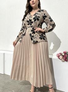 Modelyn Plus Size Women's Spring Summer Floral Printed Overlapping V-Neck Long Sleeved Ruffled Hem Dress Maxi Women Outfit Long Evening Dresses Fall Cloth For Women