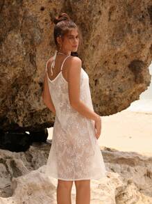 SHEIN Swim Summer Women Beach Vacation Solid Color Lace See-Through Cami Cover-Up