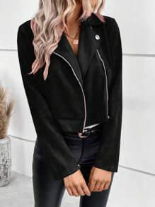 Ellegaria. Women\ Solid Color Lapel Zipper Fashion Jacket Fall Winter Cloth For Women - Black - View 4