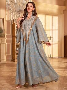 Stand Collar Long Sleeve Mesh Geometric Embroidery Sequin Robe, Loose Fit Eid - Green - View 5