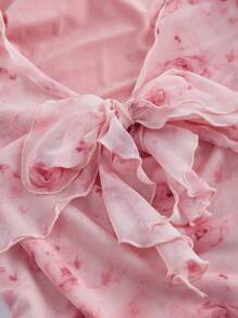 SHEIN MOD 女士粉色浪漫印花生菜边系带纽扣夏季 T 恤