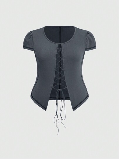 Maglietta Estiva A Maniche Corte Con Design Sfumato E Coulisse Per Taglie Forti Da Donna