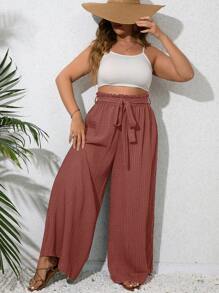 SHEIN VCAY Plus Paperbag Waist Belted Wide Leg Summer Pants - Redwood - View 3