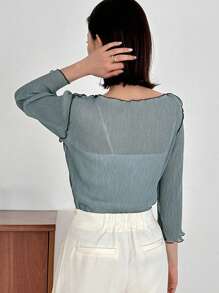 FRIFUL Spring Boat Neck Contrasting Colors Exposed Seam Texture Casual Top