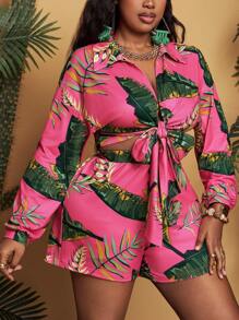 Slaydiva 大尺碼度假套裝，植物印花長袖襯衫和短褲 - 玫紅色 - 查看 6
