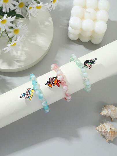 The Powerpuff Girls | ROMWE Set Of 3 Cartoon Patterned Glass Bead Bracelets